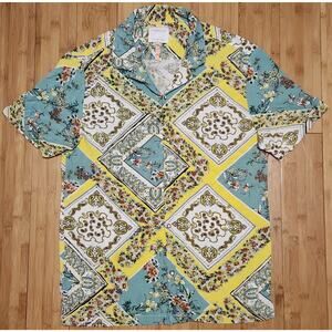 Denim & Flower Ricky Singh Mens L Button Up Shirt Yellow Floral Paisley Hawaiian